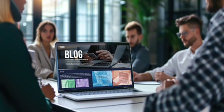 blogging concept, web blog Social Media Information network brisk. social media online content, freelance worker, working online, content creator, blogger, website, reading blog online on computerの素材