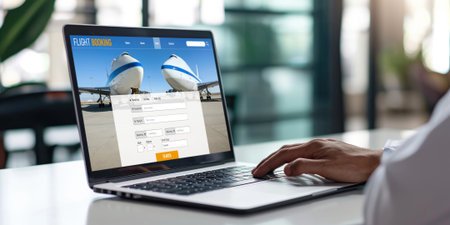 Online flight booking website provide brisk reservation system . Travel technology concept .の素材