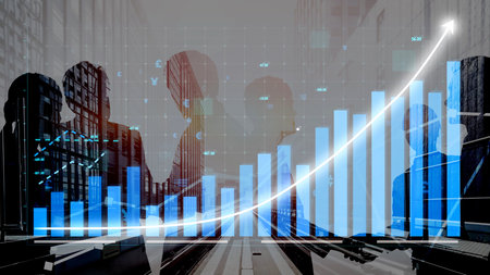 A compelling abstract image showcasing financial growth through graphs and data, featuring silhouettes of business professionals in a modern corporate setting.の写真素材