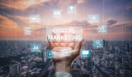 Digital marketing dashboard connecting data analytics, social media, SEO, and content strategy to improve business growth and customer engagement. Parseの写真素材