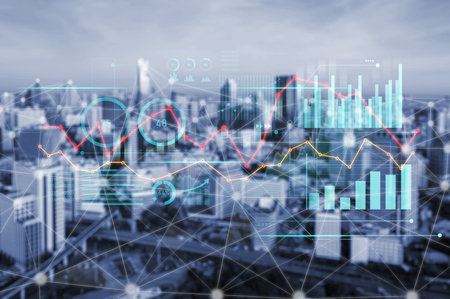 Stunning city skyline enhanced with digital graphs and finance analytics, showcasing the...