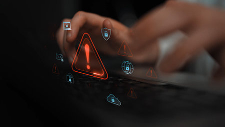 Cybersecurity threat alert protects data. Cyber security threat alert prevents access, alert warns...