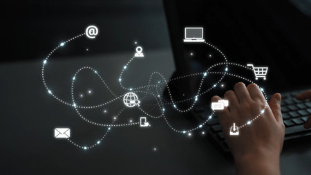 Omnichannel marketing journey showing interaction across media, email, messaging, mobile, ecommerce, and search to enhance customer experience and engagementの写真素材