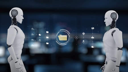 AI organizes folders through virtual assistant sorting, cloud AI systems, and artificial intelligence for secure and efficient digital file workflows.の写真素材