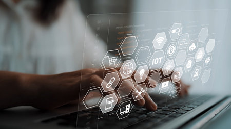 AI and IoT form an intelligent digital infrastructure linking data, connectivity, analytics, blockchain, cloud, and security systems in a seamless network.の写真素材