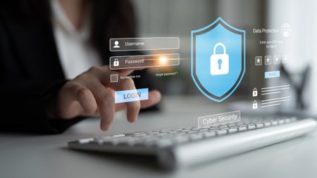 A professional user interacts with a login screen, highlighting cybersecurity elements, emphasizing...