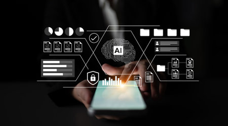 A close-up of hands holding a smartphone displaying digital AI icons and data visuals, showcasing...