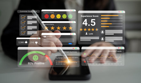 Feedback system with ratings, sentiment meter, and charts representing customer satisfaction and experience analysis Parseの写真素材