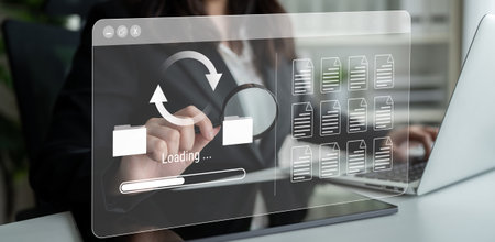 File synchronization or loading interface with progress bar, folders, and documents, symbolizing...