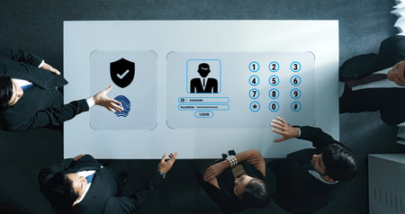 A dynamic business team interacts with a digital security interface, focusing on login procedures and cybersecurity protocols in a modern office setting.の写真素材