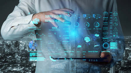 Supply chain management interface showing delivery routes, warehouse efficiency, cost savings,...