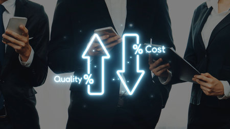 Business professionals engage in a discussion about quality and cost metrics, showcasing modern technology with smartphones and tablets in a corporate environment. Rasterの写真素材