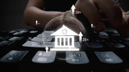 Online banking and digital banking innovation combining finance and technology, optimizing online banking systems, mobile banking services, and fintech for seamless experience.の写真素材