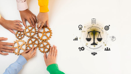 Diverse hands unite to work on gears symbolizing teamwork and innovation, accompanied by scales of justice depicting balance in a modern business setting. Rasterの写真素材
