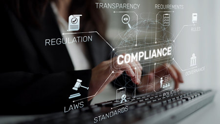 Compliance ensures alignment with standards, laws, and policies. A strong compliance system helps enforce regulation, protect organizations, and improve global compliance transparency.の写真素材