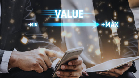 Value measurement and adjustment concept showing value, performance, and optimization level with focus on data analytics, calibration, and improvementの写真素材