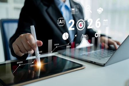 Bar graphs, charts, and number 2026 with AI and data analysis icons symbolizing future business innovation and analytics Parseの写真素材