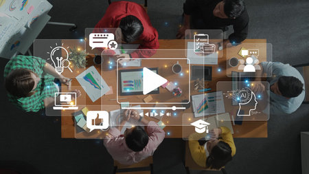 A diverse group of professionals collaborating in a modern office, utilizing digital tools and technology for brainstorming, strategy development, and creative idea generation. Rasterの写真素材