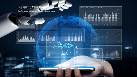 AI enhances business data analytics by automating dashboards, visualizing statistics, and supporting strategic decisions through real-time performance insights.の写真素材