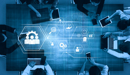 Business management system showing teamwork, productivity, and planning. Management supports goal, management tracks progress, management improves teamwork, and enhances productivity.の写真素材