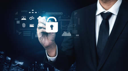 Digital cyber security lock system highlighting data security encryption, cyber password protection, fingerprint ID, cloud storage safety, and cyber security for online access Vouchの写真素材