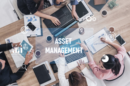 Asset management system showing investment planning, financial goal tracking, ROI analysis, and performance monitoring for efficient resource utilization Vouchの写真素材