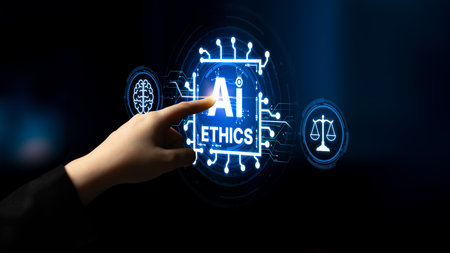 AI is transforming society, raising important ethics questions. Ethics in AI design ensures fairness. AI ethics promote responsible decision. Balancing AI power with strong ethics is essential.の写真素材