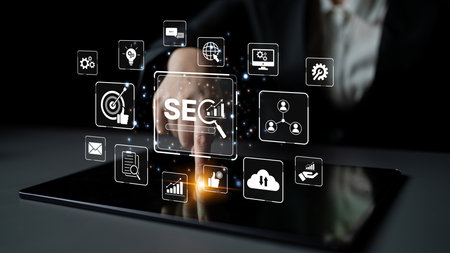 SEO concept for improving SEO visibility, with SEO related digital tools and SEO performance icons shown in an focused layout for strategic marketing. Splineの写真素材