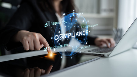 Compliance ensures alignment with standards, laws, and policies. A strong compliance system helps enforce regulation, protect organizations, and improve global compliance transparency.の写真素材