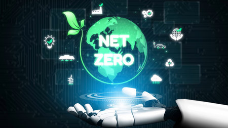 Net zero and sustainability concepts with environmental balance, digital sustainability icons, green energy goals, and eco-conscious digital business transformation for the future.の写真素材