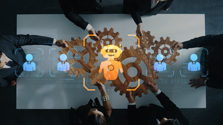 A dynamic scene showcasing team collaboration around a table, utilizing technology and automation concepts with gears and AI imagery in a modern business setting. Rasterの写真素材