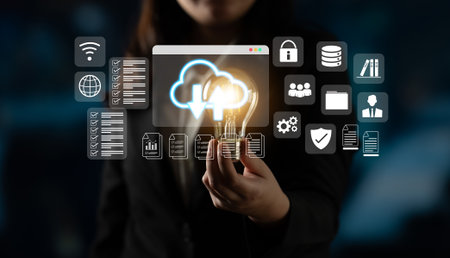 Cloud upload and download icon with surrounding data management, security, and analytics icons in digital interface Parseの写真素材