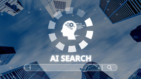 AI search engine systems enhance SEO data access. Intelligent search engines powered by AI improve search results. AI-driven search tools help process and retrieve relevant AI information.の写真素材