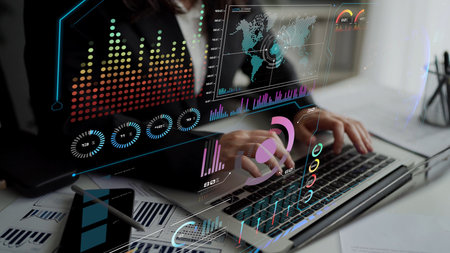 High-tech global network connection interface showing worldwide digital communication, data exchange, and internet connectivity. Global connection, data interaction, and worldwide communication. Thunkの写真素材