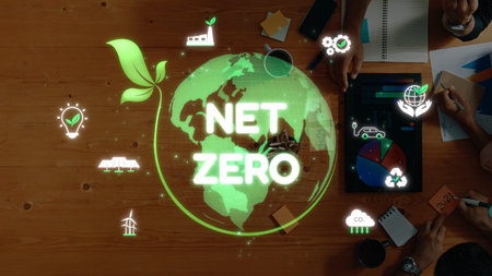 Conceptual representation of net zero emissions goal with earth, green plant, and digital symbols depicting sustainability and environmental initiatives. Raster.の写真素材