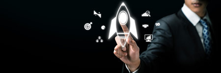 Rocket representing business growth and startup launch, surrounded by icons of strategy, analysis, teamwork, and success. EIDEの写真素材