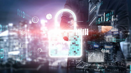 A professional businessman showcases a digital lock symbol against a city skyline, emphasizing the importance of cyber security and data protection in modern business.の写真素材