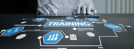 Visual representation of digital training concepts highlighting skill enhancement, knowledge acquisition, and modern methods to improve workforce development and efficiency. Tesselの写真素材