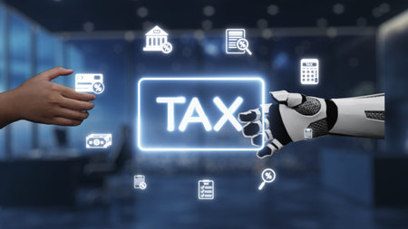 This illustration showcases the collaboration between human hands and a robotic arm in a modern office, emphasizing taxation themes and digital finance concepts.の写真素材