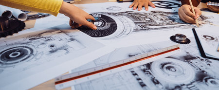A dynamic scene of engineers collaborating on intricate technical drawings and blueprints, showcasing creativity and innovation in a productive workspace.の写真素材