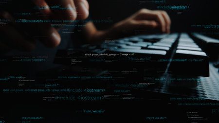 Close-up view of hands engaged in coding on a keyboard against a dark background, featuring code snippets and technology concepts, showcasing digital innovation.の写真素材