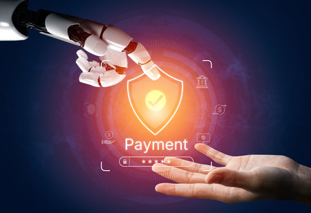 An AI assistant manages a secure payment system, protecting online financial transactions. This smart gateway uses advanced fraud detection to ensure every payment is safe.の写真素材