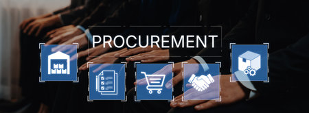 The business procurement process for strategic sourcing. This includes purchasing, supply chain management, contract negotiation, and logistics from warehouse to delivery.の写真素材