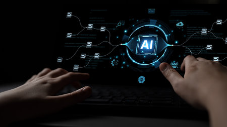 An AI-powered system for automating data workflows. The central intelligence processes and distributes information, managing complex data pipelines as shown by the surrounding code.の写真素材