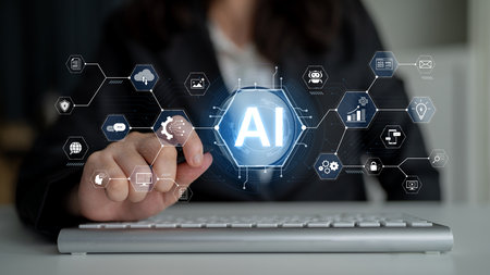 A concept of a comprehensive AI business suite. This integrated platform provides tools for all business needs, including e-commerce, marketing, cloud operations, and data security.の写真素材