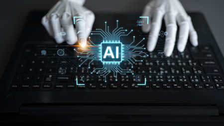 A generative AI assistant displays its integration platform. The systems core processor automates business processes like chatbot services and contract management through code.の写真素材