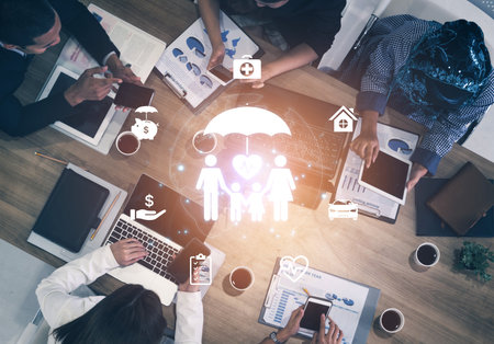 Concept of comprehensive insurance coverage and financial planning. A policy that provides life, health, and asset protection for a family's security and risk management.の写真素材