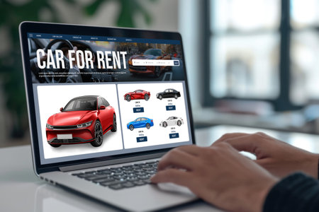 car rental website on computer screen for tourist to rent a car for transportation briskの素材