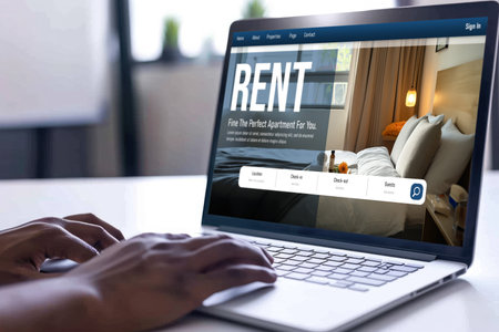 Online real estate rental search brisk on computer. House home or apartment rental website online.の素材