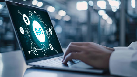 Decentralized finance or DeFi concept on brisk computer screen . The defi system give new choice of investment and money saving .の素材